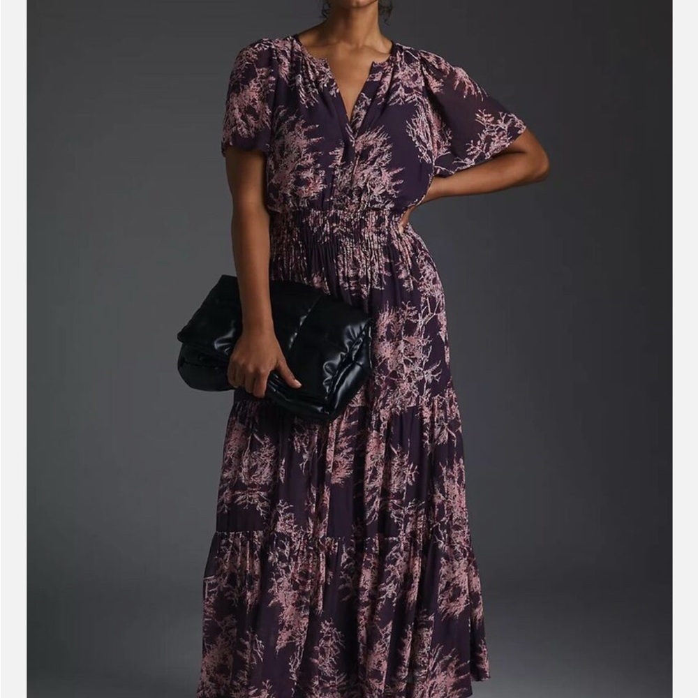 Anthropologie Somerset Plum Maxi Dress with Dusty Pink Floral Print